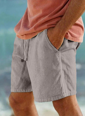 men's shorts新款棉短裤抽绳松紧腰直腿纯色透气日常沙滩五分休闲