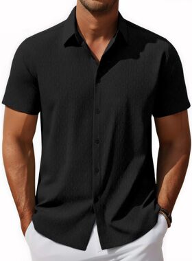 men's shirts男装 欧美风翻领短袖蕾丝衬衫纯色休闲男士衬衣a0409