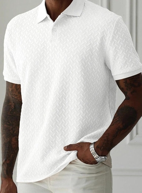 men's t-shirt  shein男式纯色翻领前扣短袖衫休闲日常man