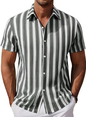 men's shirts欧美男士沙滩休闲衬衫 色织条纹短袖翻领衬衣a0407