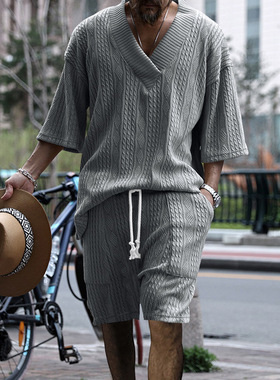 men's shirt shorts新欧美男士休闲短裤v领百搭提花针织衫套装man