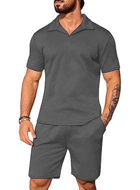 men's tshirts shorts新款针织衫欧美新款男休闲纯色翻领衫短袖套