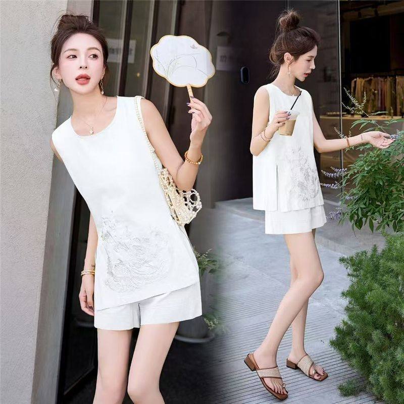 新中式国风棉麻刺绣套装女夏季设计感休闲马甲无袖上衣短裤两件套,淘宝优惠券,粉丝福利购,淘宝优惠卷