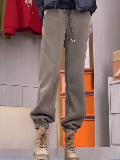 加厚羊羔绒裤子女2023新款秋冬季大码女装宽松显瘦束脚加绒哈伦裤