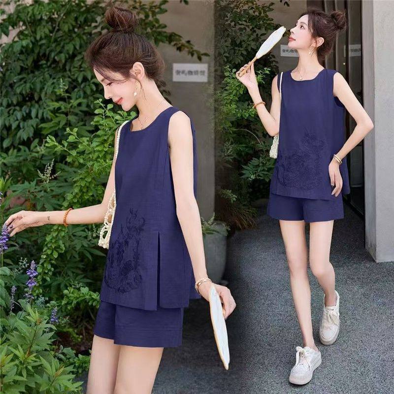 新中式国风棉麻刺绣套装女夏季设计感休闲马甲无袖上衣短裤两件套,淘宝优惠券,粉丝福利购,淘宝优惠卷