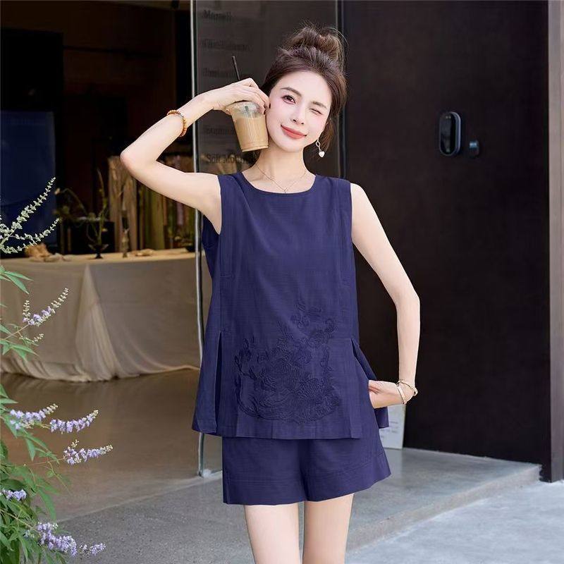 新中式国风棉麻刺绣套装女夏季设计感休闲马甲无袖上衣短裤两件套,淘宝优惠券,粉丝福利购,淘宝优惠卷