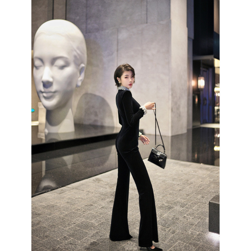 XULU原创新款进口黑色丝绒重工珍珠编条修身高腰气质半高领连体裤,淘宝优惠券,粉丝福利购,淘宝优惠卷