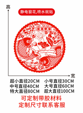 福字窗花鱼静电贴纸牡丹玻璃门贴2027春节新年花开富贵招财进宝