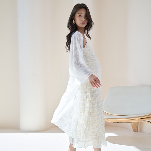 SELLYNEAR孕妇夏装吊带连衣裙时尚轻奢荷叶边重工褶皱孕妇裙夏季 - 图1