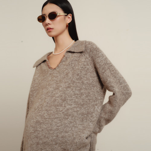 SELLYNEAR孕妇毛衣冬季2025新款时尚宽松长袖法式复古老钱v领上衣 - 图1