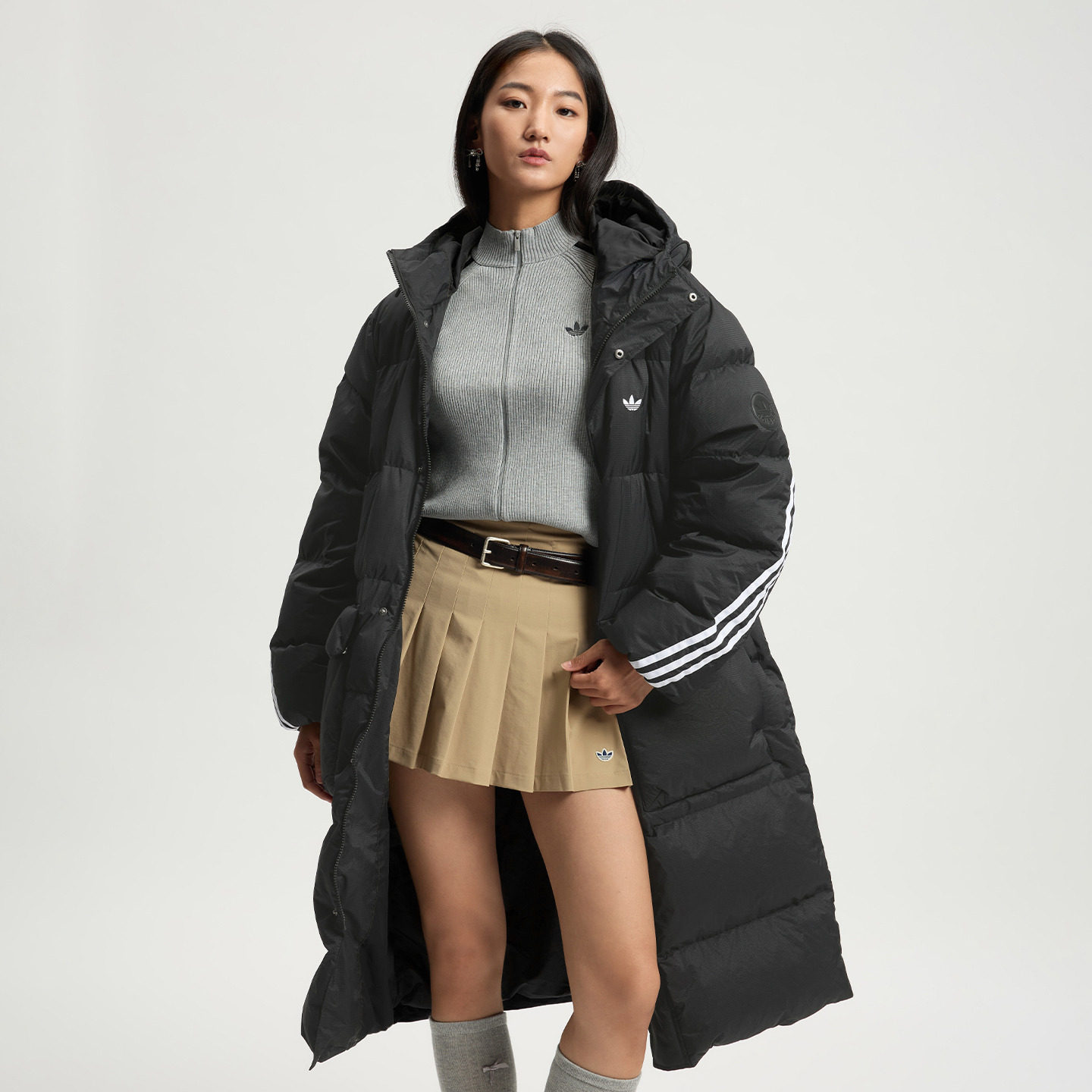 保暖宽松舒适长款三条纹鸭绒连帽羽绒服男女adidas阿迪达斯三叶草