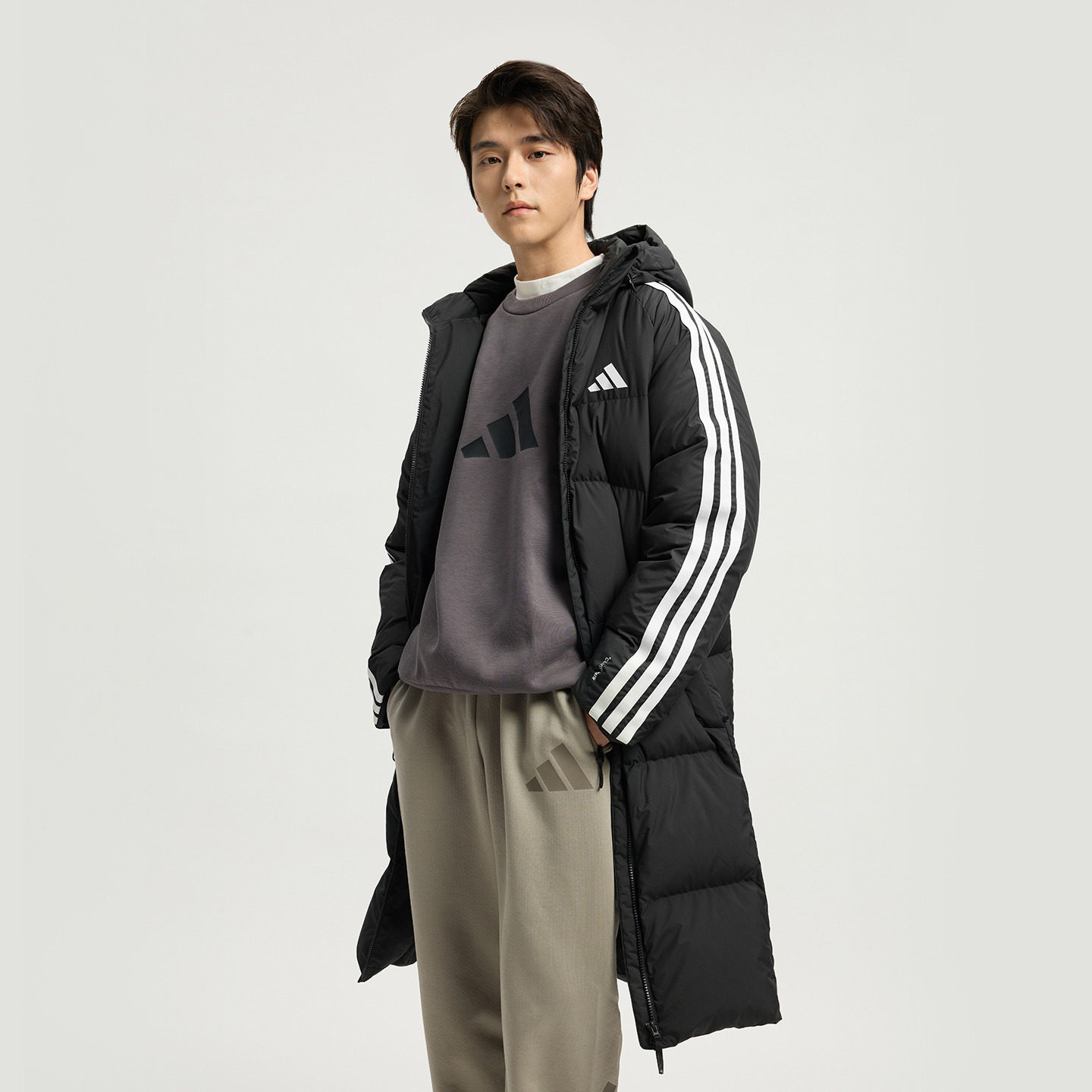 李现同款 三条纹羽绒服 防风保暖鸭绒长款连帽男装adidas阿迪达斯