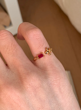 中古法式金色鸢尾花红宝石尾戒女