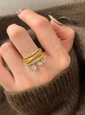 法式复古珠帘星幕三臂灵动戒指女