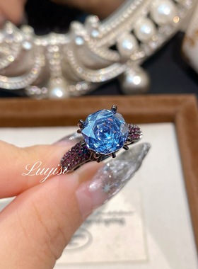 奢华高端八角千禧玫瑰切海蓝戒指
