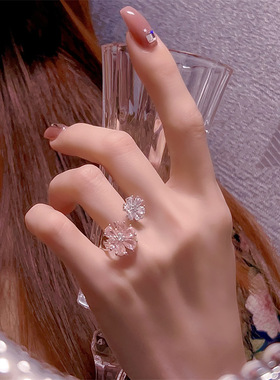 简约粉红花朵花瓣套装戒指耳钉女