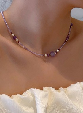 新中式紫水晶淡水珍珠项链紫晶离火水晶球吊坠颈链简约轻奢项链