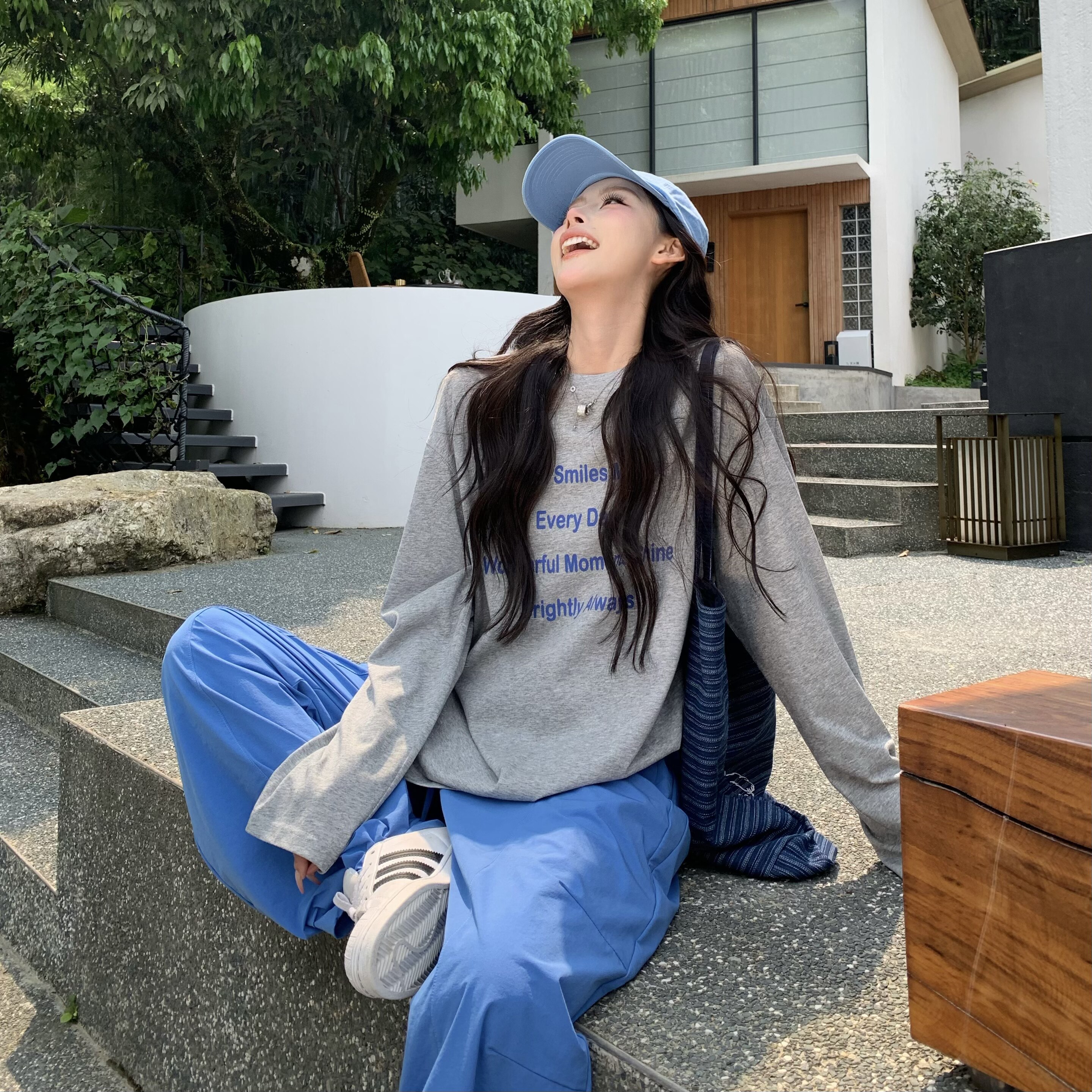3MER哦哦三妹 美式慵懒灰色长袖T恤女夏宽松显瘦防晒圆领罩衫上衣