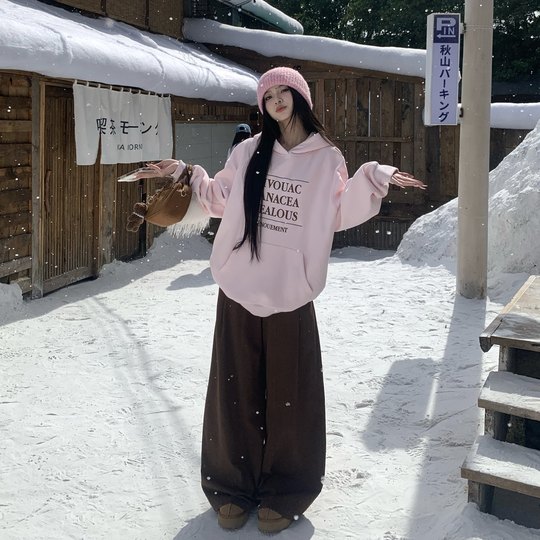 3MER哦哦三妹美式复古字母连帽加绒卫衣女秋冬新款慵懒风宽松上衣