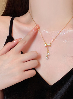 韩系轻奢蝴蝶结珍珠流苏锁骨链