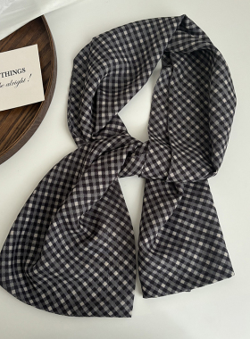 小众复古文艺藏蓝格纹丝巾薄款