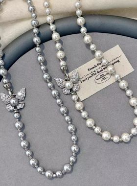 蝴蝶珍珠项链女款毛衣链轻奢小众高级感2025新款锁骨链女名媛颈链