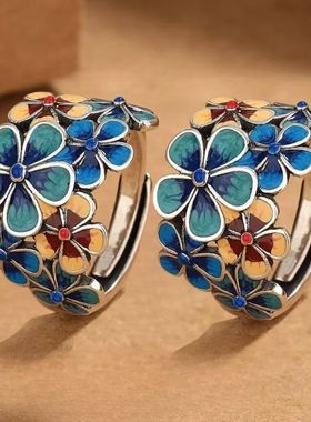 国潮珐琅繁花似锦戒指女款复古民族风开口可调节创意指环送女友