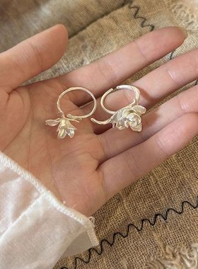 新款国风复古清冷感优雅白玉兰戒指女小众茉莉花开口戒新中式配饰