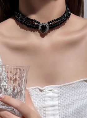 暗黑系重工宫廷风黑色珠串轻奢项链优雅复古水晶感choker辣妹哥特