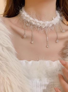 圣诞礼物白色珠珠流苏choker项链颈圈颈链圣诞穿搭圣诞装饰氛围感