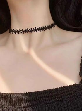 小花朵蕾丝choker颈链女黑色白色简约百搭短款锁骨链项圈chocker