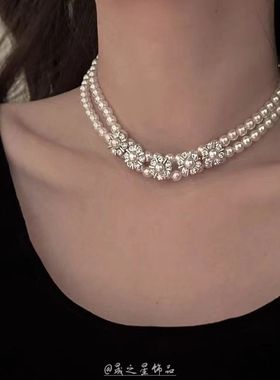 古堡公主 氛围感法式双层珍珠锆石项链 轻奢高级感小众复古锁骨链