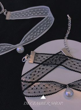 夏日新款仙女蕾丝choker黑色珍珠款简约项圈锁骨链女短款甜美脖带