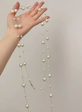 法式高级感奶白色仿珍珠项链秋冬新款多圈轻奢叠戴长款设计毛衣链