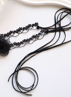 复古暗黑少女蕾丝绑带项链锁骨链 小众时髦绑带黑色颈部装饰项链