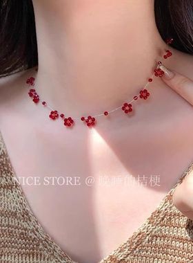 晚睡的桔梗「山野莓莓」夏日小清新红色多切面串珠项链显白锁骨链