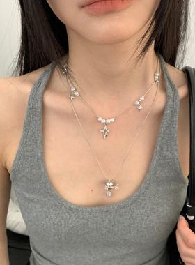 钛钢项链 双层叠带土星项链女ins小众高级锁骨链甜酷百搭脖颈坠链