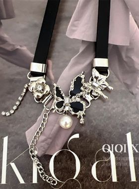 设计款颈链欧美式辣妹黑色蝴蝶项链y2k锁骨颈链chocker项圈皮质女