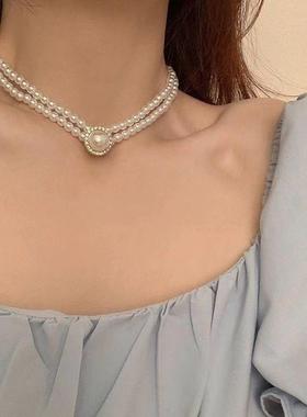 韩式新娘珍珠颈链双层简单款复古法式气质小清新百搭外出婚纱配饰