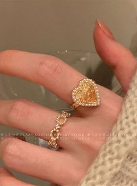 元气慵懒风~法式高级温柔破碎感水晶爱心珍珠叠戴戒指女ins指环潮