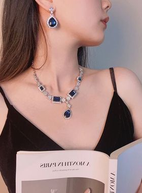 镶钻方形水滴套装耳环项链秋冬新款时尚复古气质锁骨链短款毛衣链