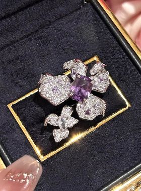 重工璀璨花朵戒指女ins轻奢紫色锆石开口食指戒百搭高级质感指环