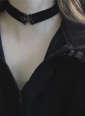 复古中国风。黑色超A盘扣小众设计丝绒暗黑系朋克少女锁骨链颈带