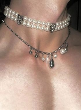 WEIXIA/.原创 珍珠十字项链叠戴水滴钛钢choker