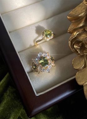 vintage中古戒指女ins橄榄绿锆石食指戒复古轻奢高级法式开口指环