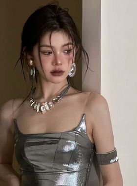 康康造型椭圆耳环不规则项链锁骨链女士金属短款复古简约项链耳环