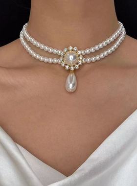 复古高级感双层女士珍珠项链赫本优雅气质配饰宴会锁骨链礼服项链