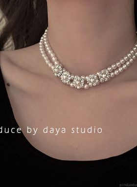 古堡公主 氛围感法式双层珍珠锆石项链 轻奢高级感小众复古锁骨链