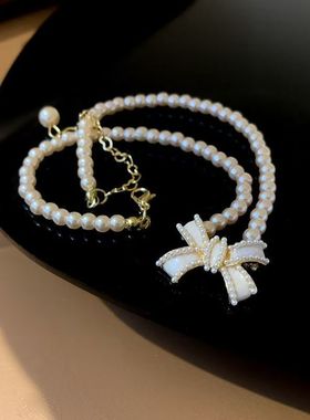 法式韩国气质短款气质锁骨珍珠项链珍珠蝴蝶结新娘颈链网红复古