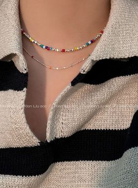 彩色串珠碎银子项链女款夏天多巴胺叠戴锁骨链轻奢小众高级感配饰
